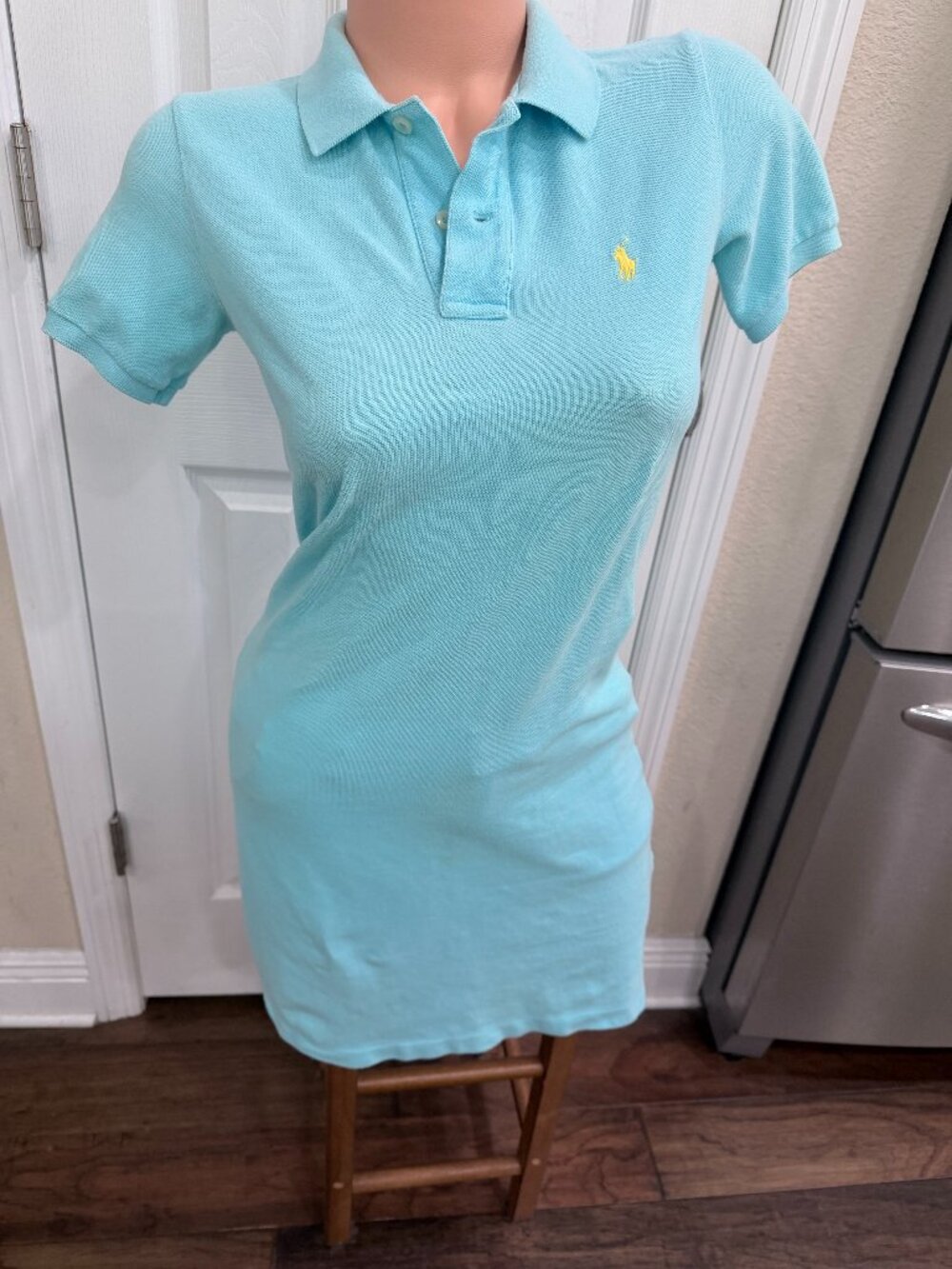 Ralph Lauren Sport Aqua Blue Polo Mini Dress XS Yellow Pony Cotton